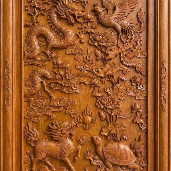 Tranh tứ linh đục kênh bong gỗ hương liền tấm 70x140