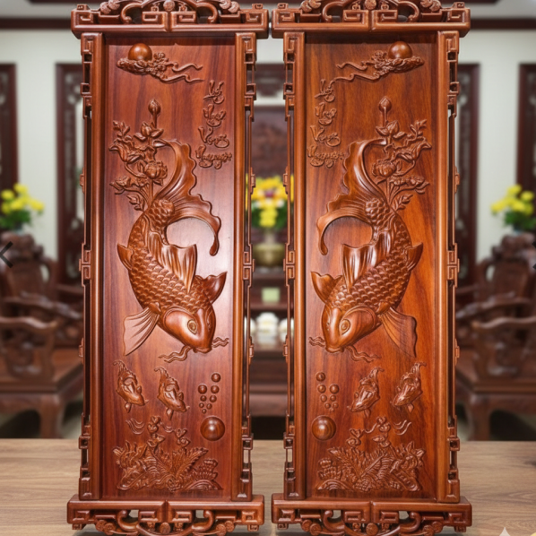Tranh cá chép Lý Ngư Vọng Nguyệt gỗ hương 110x40cm