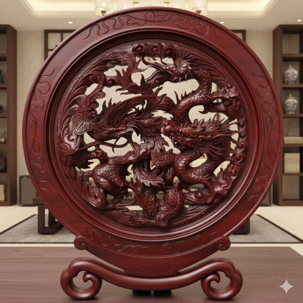 Đĩa tứ linh gỗ mun hoa loại nhỏ 43x37x3cm