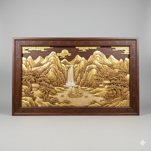 Tranh phong cảnh gỗ hương dát vàng 86x145x5cm